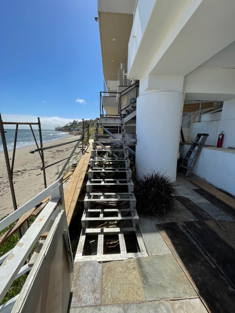 Commercial steel stair frame installed at a coastal building
